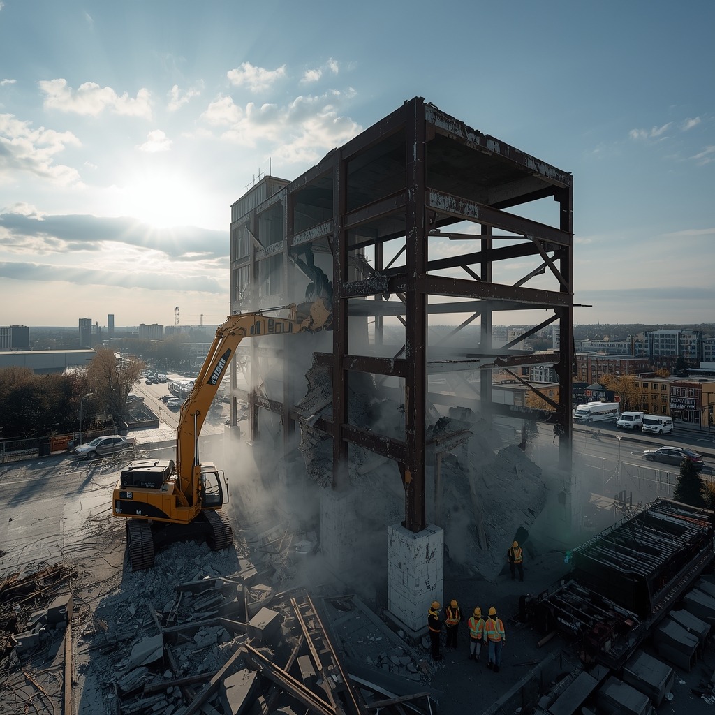lucid-origin_A_commercial_building_in_the_process_of_demolition_with_a_large_excavator_machin-0