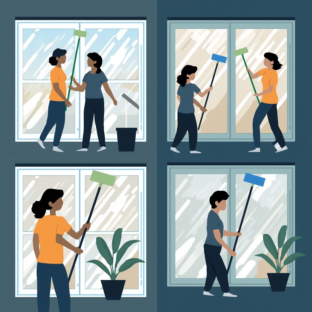 lucid-origin_create_4_people_cleaning_window_home_restaurant_gym_hotel_with_brush_soap_water_-0